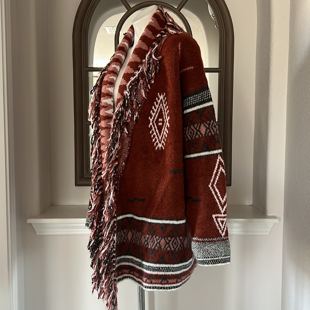 Doe & Rae Aztec Open Front Fringe Cardigan Sweater Brown Multi Size L EXCELLENT! - Picture 12 of 16